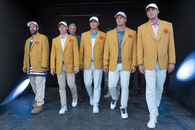 Adam Sandler as Happy Gilmore, Rory McIlroy, Christopher McDonald as Shooter McGavin, Brooks Koepka, Bryson DeChambeau and Scottie Scheffler in Happy Gilmore 2. Photograph: Scott Yamano/Netflix