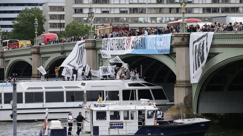 A boat carrying Bob Geldof takes part in a pro-EU counter demonstration, as a Fishing for Leave pro-Brexit ‘flotilla’ makes its way along the River Thames. Photograph: PA