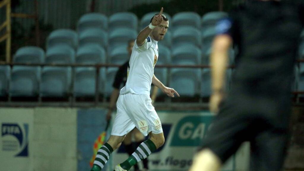 Cork City’s Ciarán Kilduff celebrates scoring the opening goal against Drogheda United at Hunky Dorys Park. Photograph: Morgan Treacy