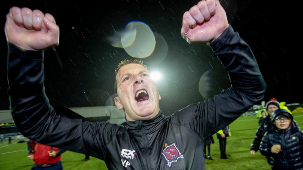 Dundalk’s manager Vinny Perth celebrates his side winning the league with a victory over Shamrock Rovers on Monday. Photograph: Morgan Treacy/Inpho
