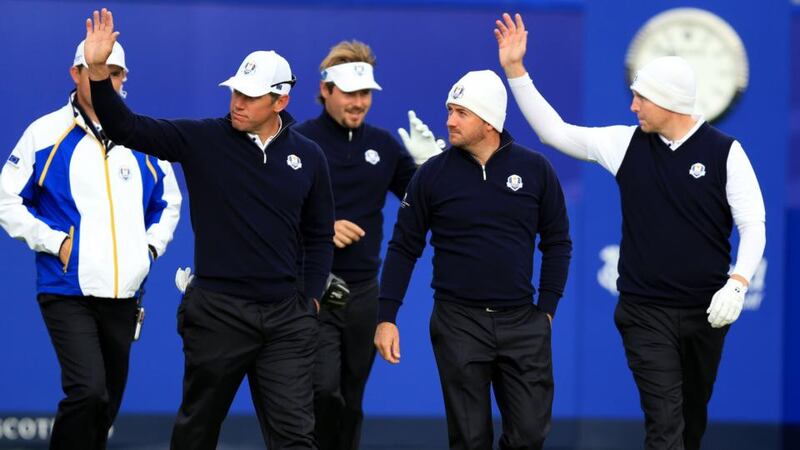 Europe’s Lee Westwood (left), Victor Dubuission (second left), Graeme McDowell (second right) and Stephen Gallacher during a practice session at Gleneagles Golf Course. Photograph: Mike Egerton/PA Wire
