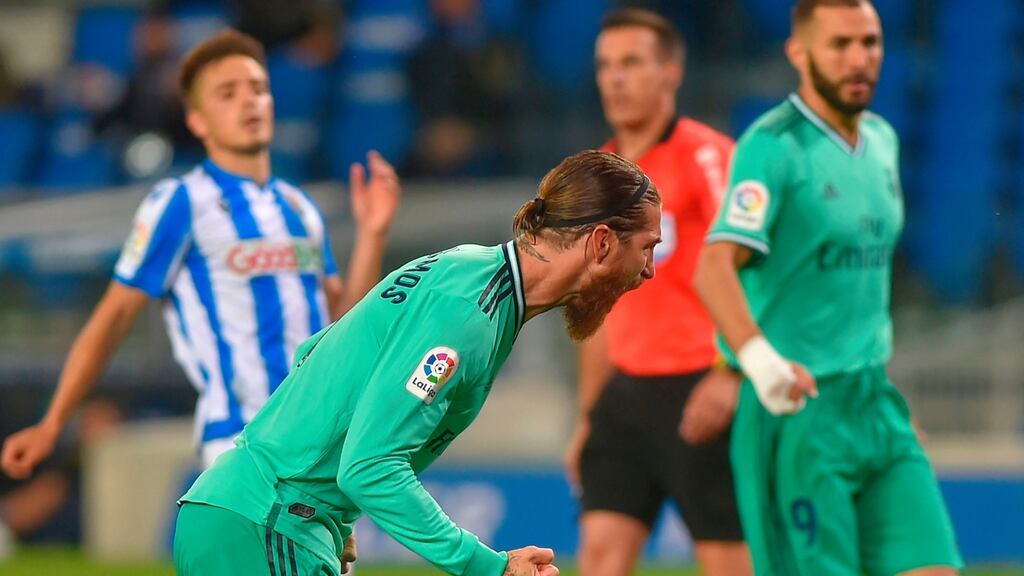 Sergio Ramos celebrates after scoring Real Madrid’s opener against Real Sociedad from the penalty spot. Photograph: Andre Gillenea/Getty/AFP