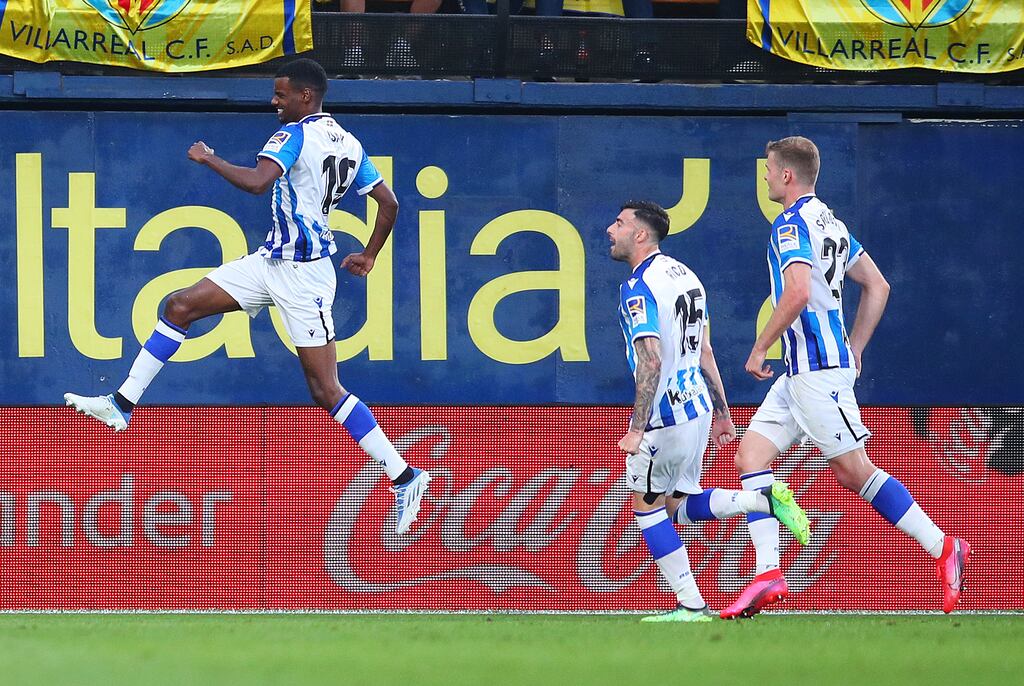 Alexander Isak of Real Sociedad celebrates scoring against Villarreal at Estadio de la Ceramica, Villarreal, Spain, on May 15th, 2022. Photograph: Eric Alonso/Getty Images
