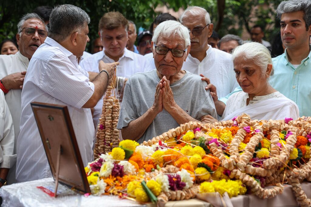 The father of captain Sumeet Sabharwal, pilot of Air India flight AI171, at his son's funeral in Mumbai, India. Photograph: Divyakant Solanki/EPA