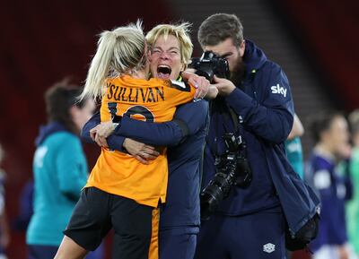 Ireland head coach Vera Pauw celebrates with Denise O'Sullivan after they beat Scotland. Photograph: Ian MacNicol/Getty Images