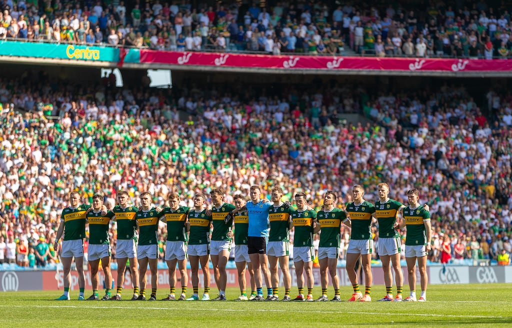 Kerry stand for the national anthem ahead of the All-Ireland SFC semi-final against Tyrone.
Photograph: Tom O’Hanlon/Inpho