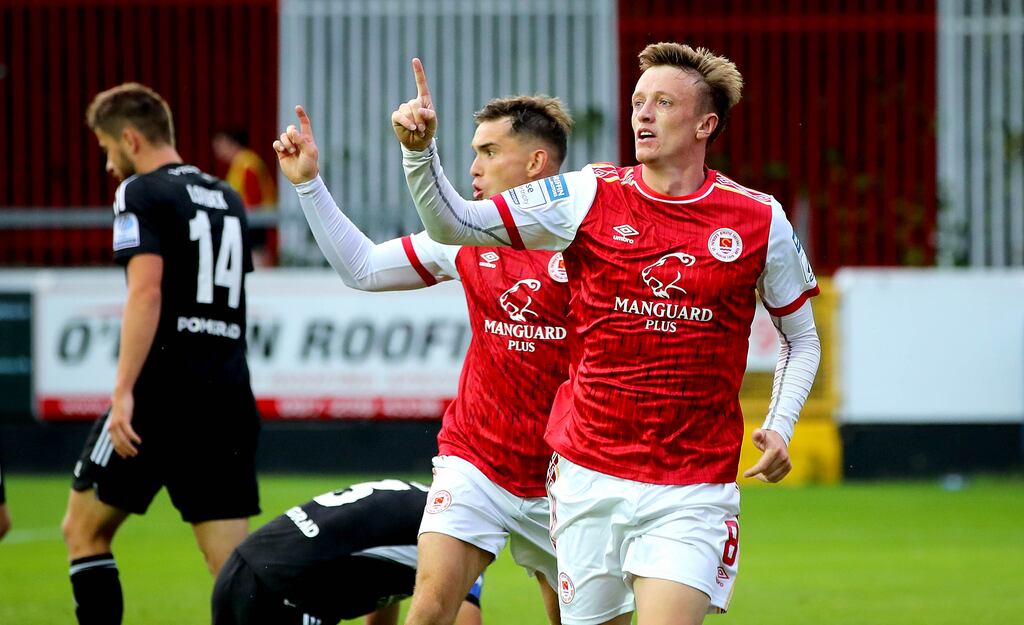 St Pats’ Chris Forrester celebrates scoring his side’s first goal of the game. Photograph: Ryan Byrne/Inpho