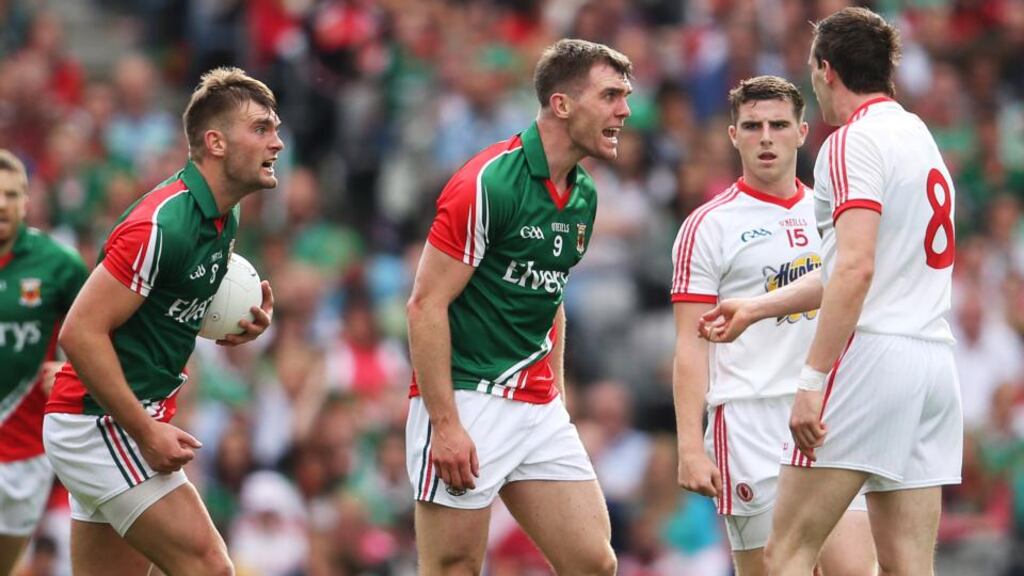 Mayo’s Aidan O’Shea and Seamus O’Shea react after a foul by Tyrone’s Colm Cavanagh at Croke Park. Photograph: Cathal Noonan/Inpho