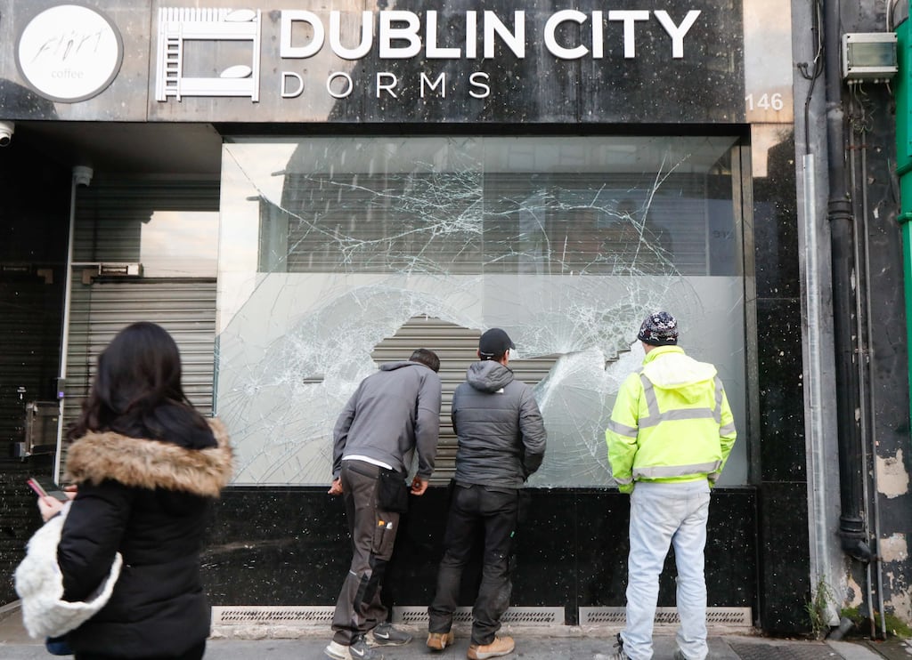 Th eront windows Dublin City Dorms were smashed by rioters. Photograph: © RollingNews.ie