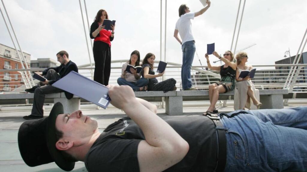 Aiden O’Reilly with fellow authors Kevin Power, Nuala Ní Chonchuir, Kathleen Murray, Jennifer Brady, David Lewis, Maria O’Reilly and Roisin McDermott promoting the Stinging Fly collection These Are Our Lives. Photograph: Leon Farrell /Photocall Ireland!