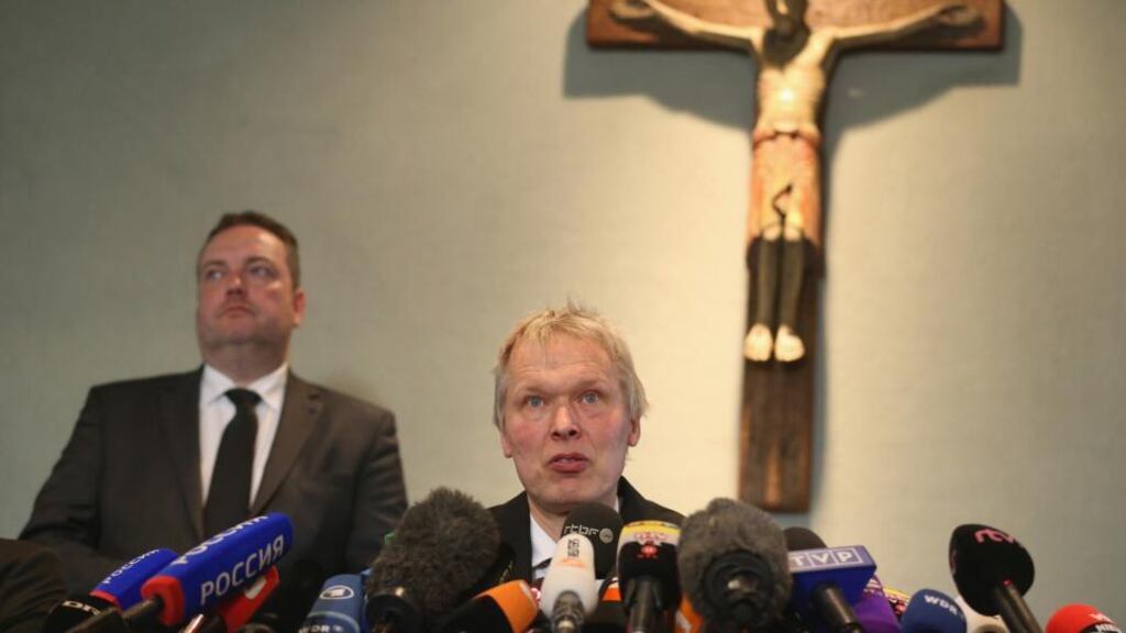 Ulrich Wessel (centre), principal of the Joseph-Koenig-Gymnasium high school, and city mayor Bodo Klimpel speak at a press conference the day after 16 students and two teachers from Joseph-Koenig-Gymnasium high school were among passengers on Germanwings flight 4U9525 that crashed on Tuesday in southern France. Photograph: Sean Gallup/Getty Images