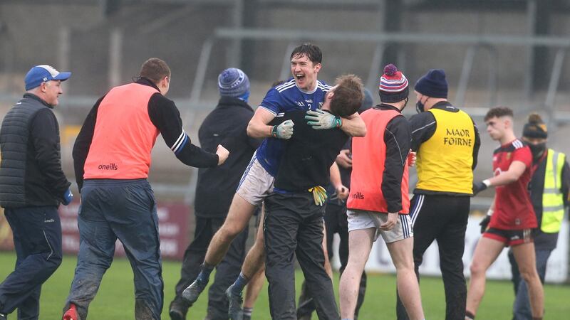 Cavan players celebrate the Ulster semi-final victory over Armagh at the Athletic Grounds. Photograph: Matt Mackey/Inpho