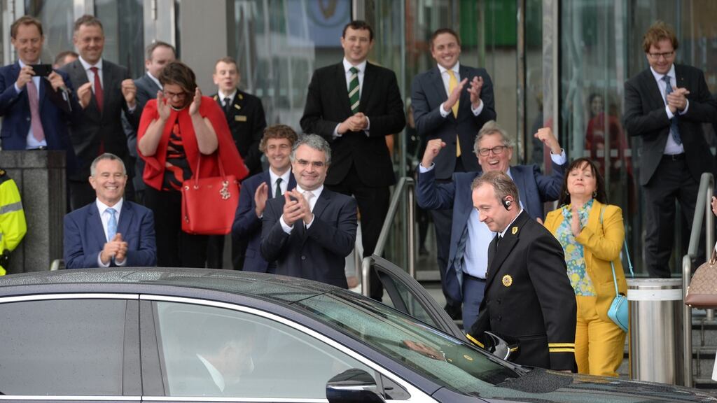 Car carrying Fianna Fáil leader Micheál Martin leaving the Convention Centre after being elected Taoiseach. Photograph: Alan Betson