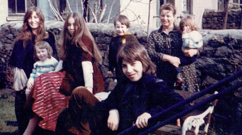 The Griffin family in their back garden in Ardenza in Dublin in 1973. Fergus (aged 13) is in the centre of the photograph, with Bridget, Siobhán, Trish, Brian, and mother Pat holding Aisling.