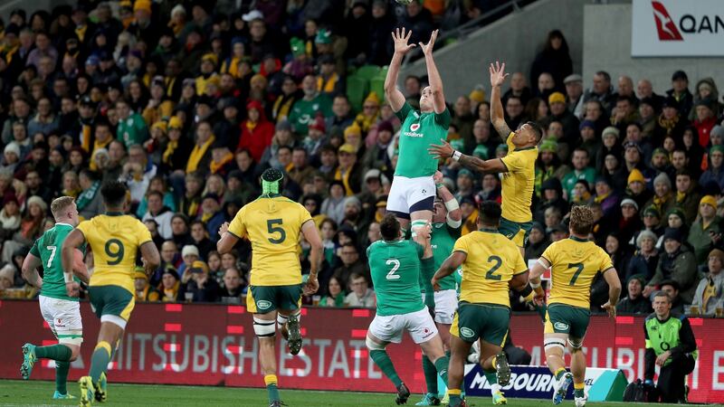 Ireland’s Devin Toner in a lineout with Israel Folau of Australia during a Test match in Melbourne in June. Photograph: Dan Sheridan/Inpho