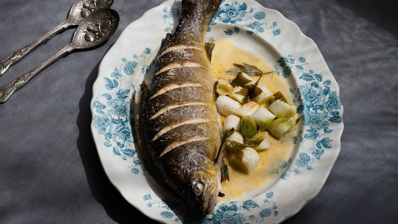 Brown trout with leeks and cider. Photograph: Anita Murphy