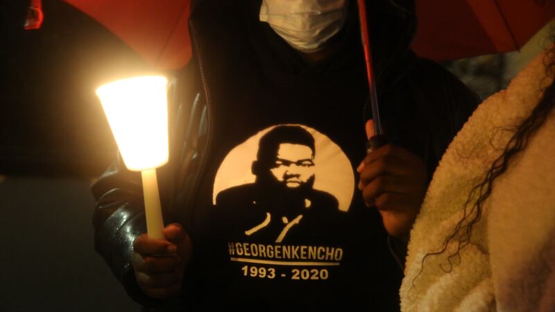 Family and friends at a candlelit vigil held in honour of George Nkencho to mark the first anniversary of his death, at Blanchardstown Garda Station. Photograph: Gareth Chaney/Collins