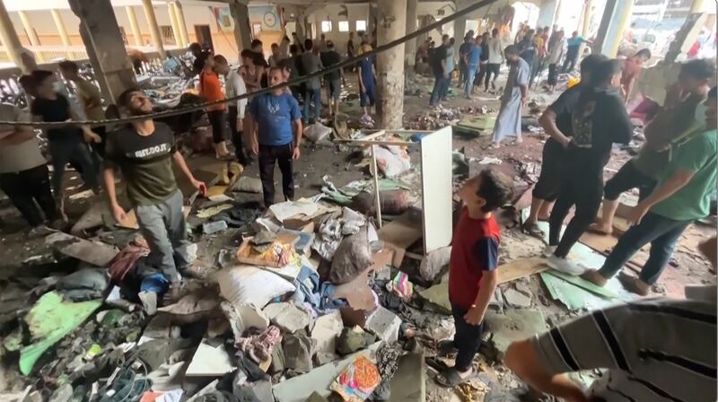 The destroyed school following Saturday's strike. Photograph: AP