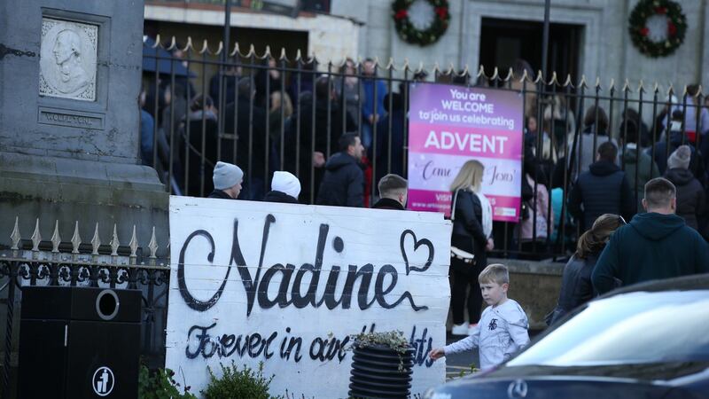 A sign outside Sts Mary and Peter’s Church in Arklow, where the funeral Mass for Nadine Lott was held on Sunday. Photograph: Stephen Collins/Collins