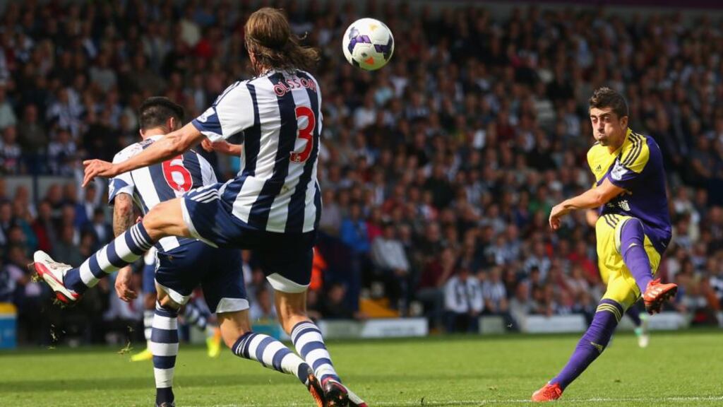 Swansea’s Pablo Hernandez takes a shot at goal during the Premier League match against Swansea at The Hawthorns. Photograph: Julian Finney/Getty Images