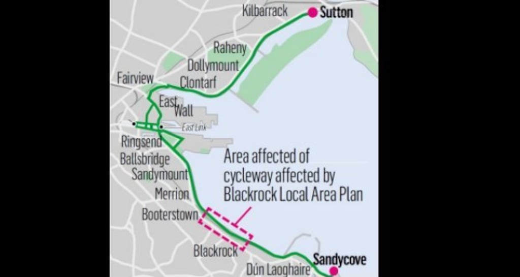A map showing the area of cycleway affected by the Blackrock Local Area Plan. Image: Irish Times Studio