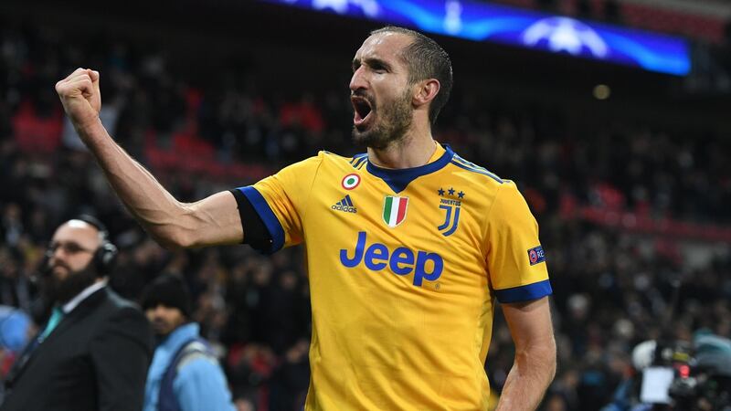 Juventus’s Giorgio Chiellini celebrates after their 2-1 victory over Tottenham Hotspur at Wembley Stadium in London. Photograph: Facundo Arrizabalaga/EPA