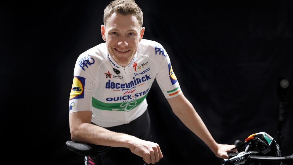 Sam Bennett shows off the Irish champion’s jersey he will wear in 2020 as part of the Deceuninck-QuickStep squad. Photograph: Shane Stokes