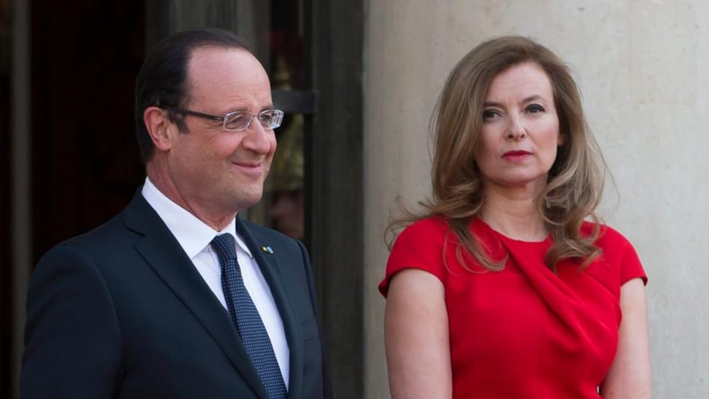 French President Francois Hollande and his companion Valerie Trierweiler. French magazine Closer has reported published a story alleging a romantic affair between Mr Hollande and French actress Julie Gayet. Both Hollande and Gayet have taken legal proceedings against the magazine. Photograph: EPA