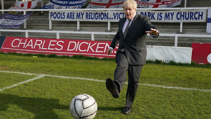 UK prime minister Boris Johnson practises his skills during a visit to Hartlepool United. Photograph: Ian Forsyth/Pool/AFP via Getty