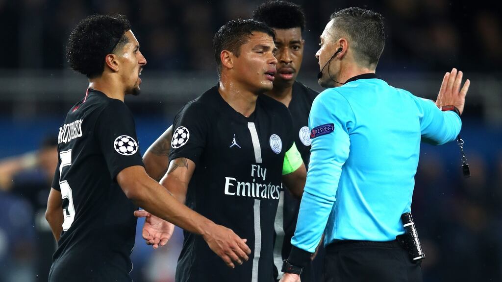 Thiago Silva remonstrates with the referee after a penalty is awarded to Manchester United. Photograph: Julian Finney/Getty Images