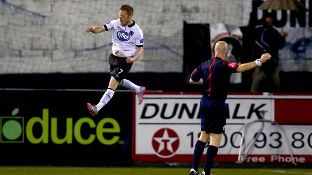 Daryl Horgan celebrates opening the scoring for Dundalk in their FAI Cup quarter-final against Sligo Rovers. Photo: Donall Farmer/INPHO