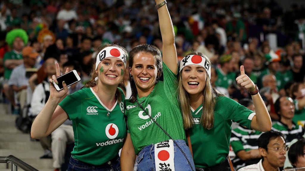 Ireland fans enjoy the pre-match atmosphere prior to the Russia game at Kobe Misaki Stadium. Photograph: Mike Hewitt/Getty Images