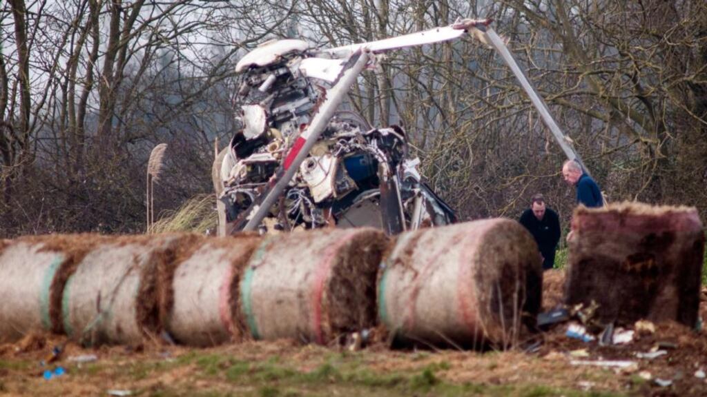 The wreckage of the helicopter in Gillingham, Norfolk, England, which crashed yesterday, killing all four occupants, including Northern Ireland businessman Edward Haughey. Photograph: Jason Bye/EPA