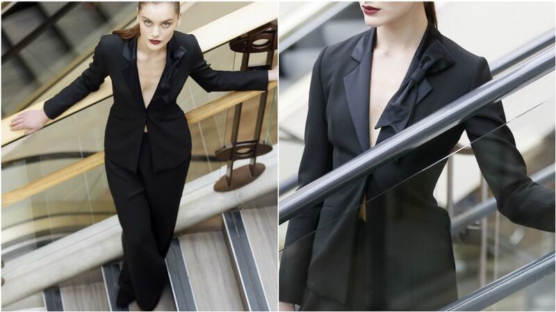 Black wide-leg tux trousers (€195) and black tux jacket with bow (€300)