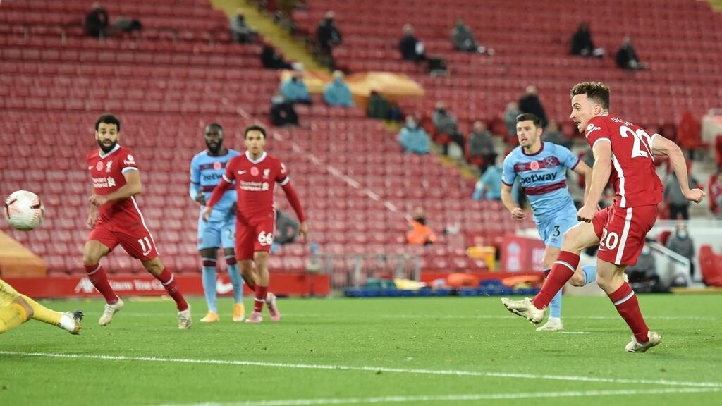 Diogo Jota of Liverpool scores his team’s second goal during the Premier League win over West Ham United at Anfield. Photo: Peter Powell - Pool/Getty Images