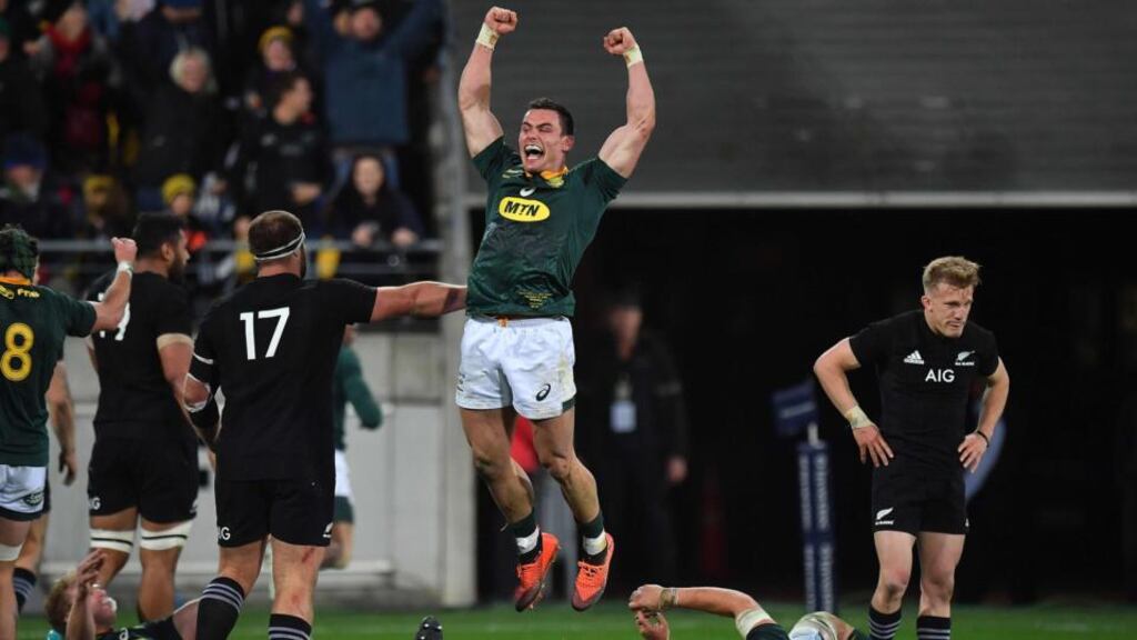 South Africa’s Jesse Kriel celebrates victory over New Zealand in the Rugby Championship game at Westpac Stadium in Wellington. Photograph: Marty Melville/AFP