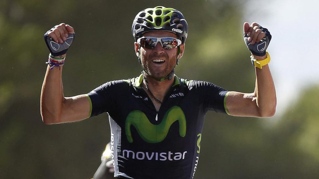 Spanish cyclist Alejandro Valverde of Movistar team celebrates as he wins the sixth stage of the Vuelta a Espana. Photograph: Javier Lizon / EPA