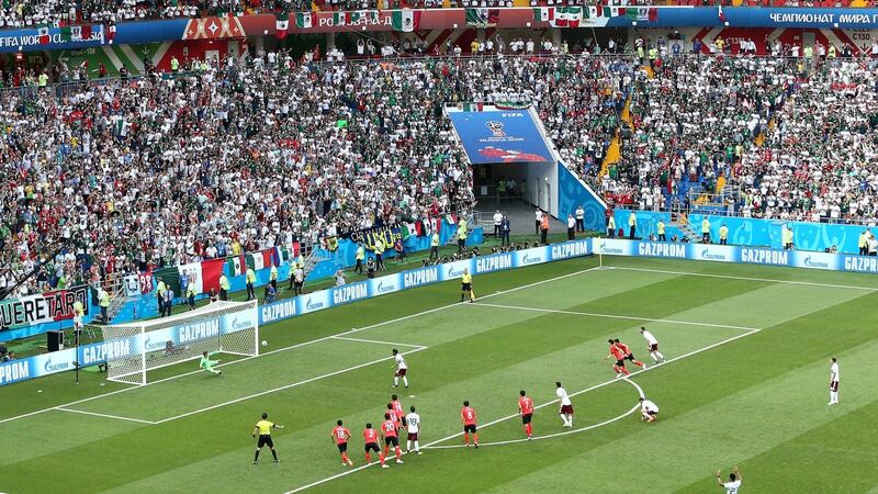 Carlos Vela opens the scoring for Mexico form the penalty spot. Photograph: Jan Kruger/Getty