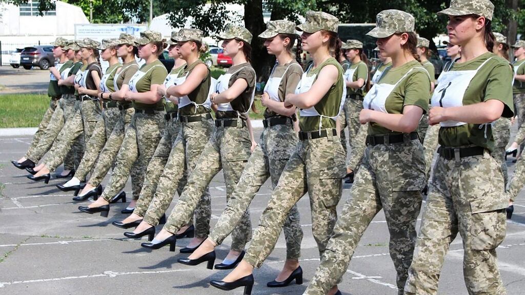 Ukrainian soldiers wearing heels while taking part in the the military parade rehearsal in Kiev. Photograph: Ukrainian defence ministry press/AFP via Getty Images