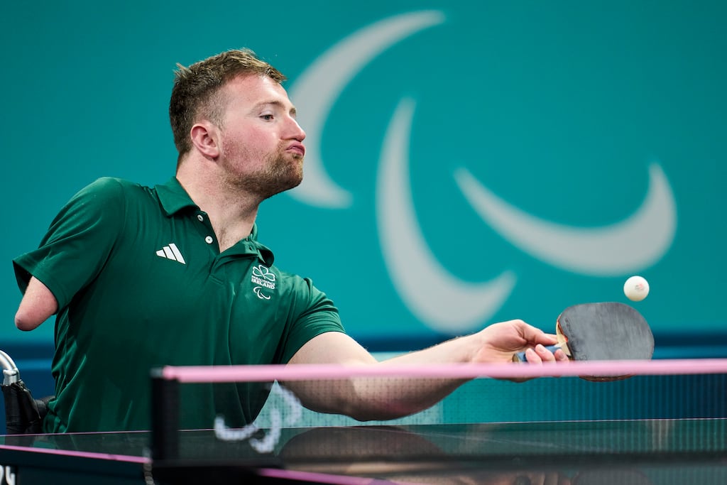 Ireland's Colin Judge during a Para table tennis training session at the 2024 Paralympics in Paris. Photograph: Aitor Alcalde/Getty Images