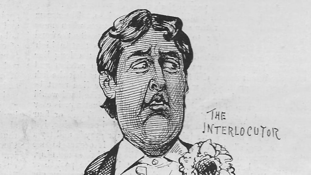 Wilde depicted as a blackface interlocutor in The Illustrated Sporting and Dramatic News
