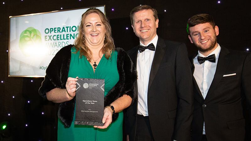Adam Kane, Senior Sales Executive at Business River, presents the Operations Team of the Year award to Karen Lynch & Paul Miller, Mitie Facilities Management.