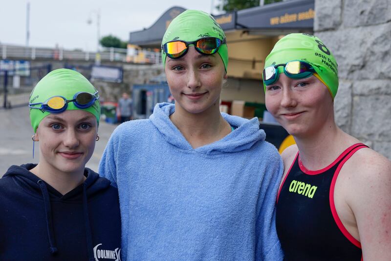 Maia O’Loughlin Brophy (Coolmine Swimming Club), Jessica Purcell (Aer Lingus) and Annabel Farrington-Knight (Wicklow SC) wait to start. Purcell was the fastest swimmer.   Photograph: Conor Ó Mearáin  / Collins.