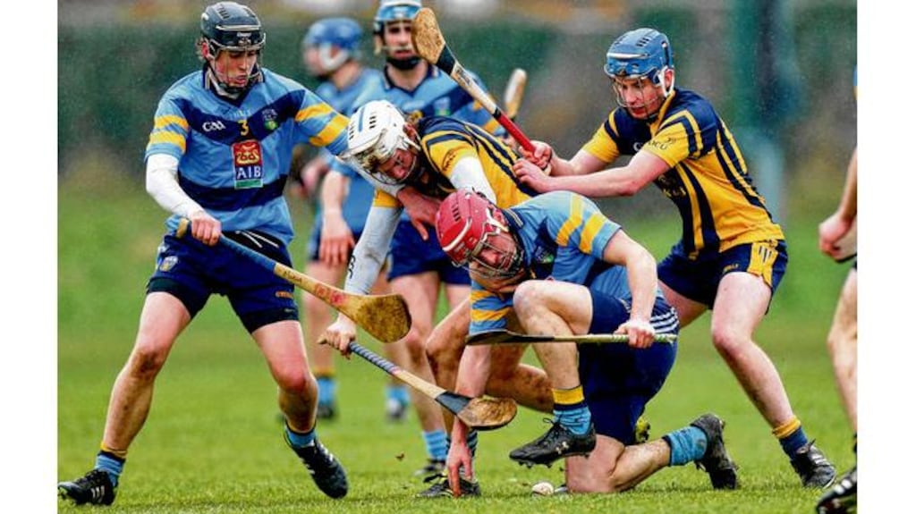 UCD's Willie Phelan (3) and Rory O'Carroll in action against DCU's Seánie McGrath and JJ Lennon at DCU Sportsgrounds yesterday. Photo: James Crombie/Inpho