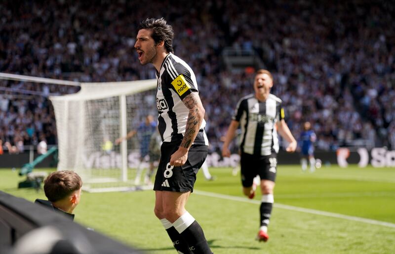 Sandro Tonali celebrates scoring Newcastle United's first goal against Chelsea at St James' Park. Photograph: Owen Humphreys/PA