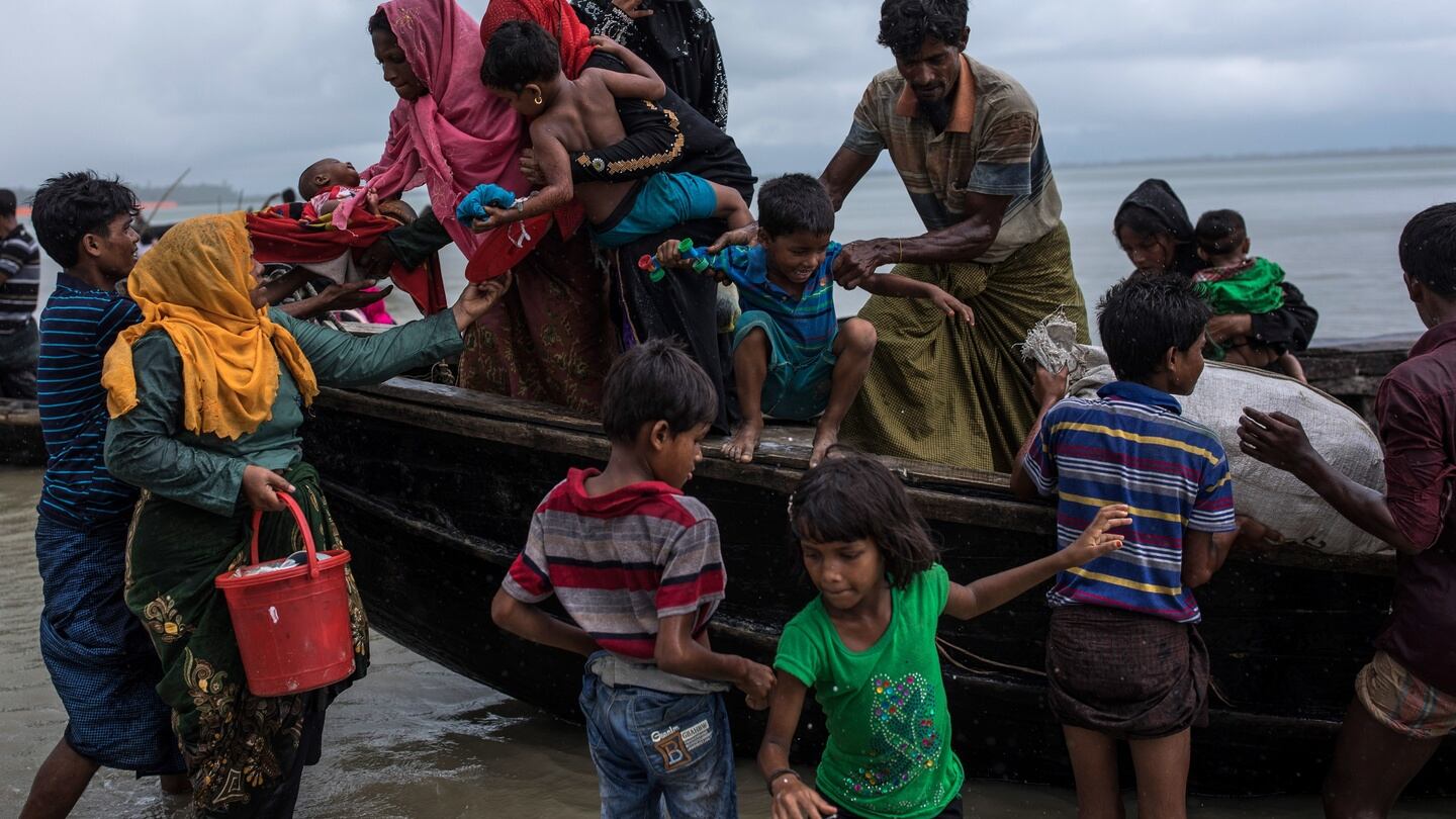 Rohingya Muslim refugees arrive on a boat after crossing from Myanmar on September 8th, 2017 in Whaikhyang Bangladesh. Photograph: Dan Kitwood/Getty Images