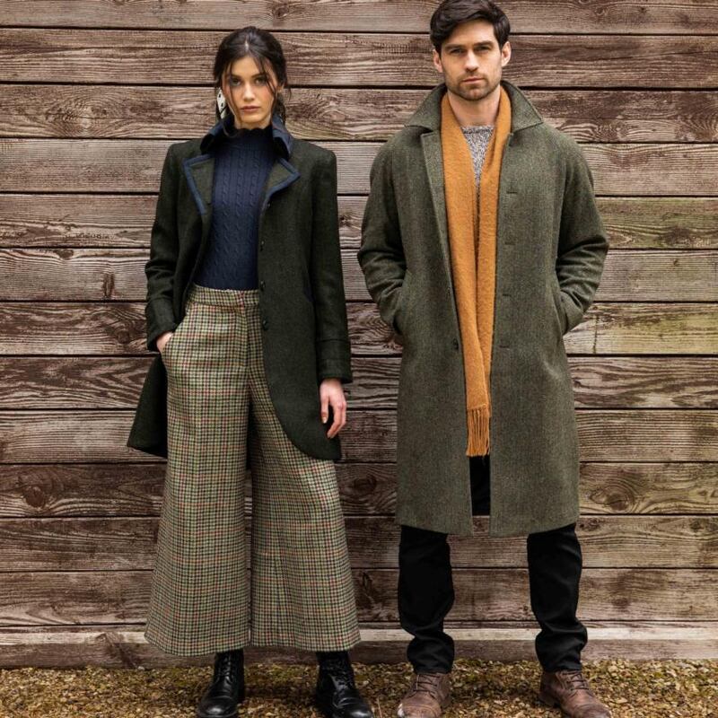 Left: Poldark style jacket in green (€320), Enya tweed culottes (€175). Right: Donegal tweed coat (€450)