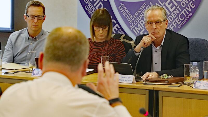 Sinn Féin Policing Spokesman Gerry Kelly questions PSNI Chief Constable George Hamilton at meeting of the Northern Ireland Policing Board in February. Photograph: Niall Carson/PA Wire