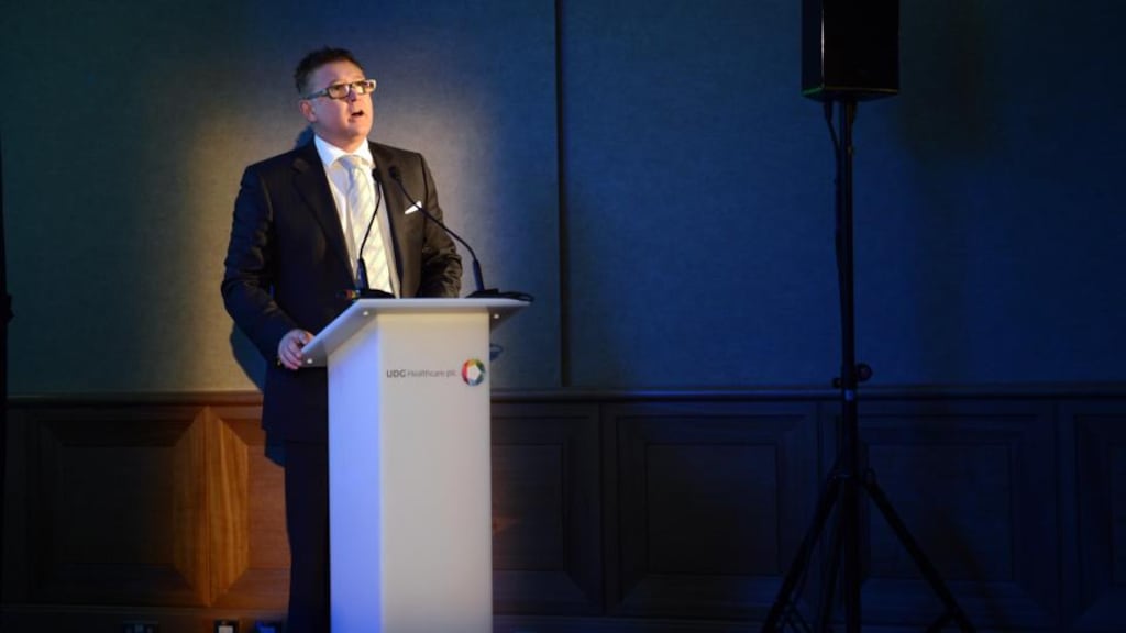 Liam Fitzgerald, chief executive, addressing shareholders , at the UDG Healthcare AGM in Dublin earlier this month. The drugs distributor is set to divest three businesses in a deal valued at €23.3 million. Photograph: Eric Luke / The Irish Times