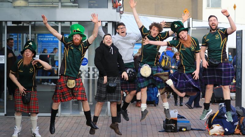 Scottish rugby fans arriving at Dublin Airport. From left, Alasdair Reid, Harray Wallace, Ryan Williamson, ‘Big’ Malcolm McNerlin, Greg Love, Stuart Fettes and Colin Adams from Glasgow, Scotland. Photograph: Nick Bradshaw